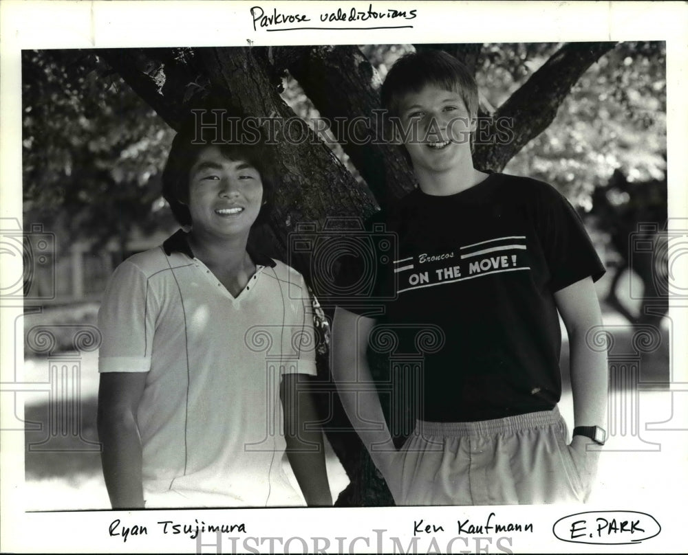 1985 Press Photo Ryan Tsujimura and Ken Kaufmann, Parkrose High School- Historic Images
