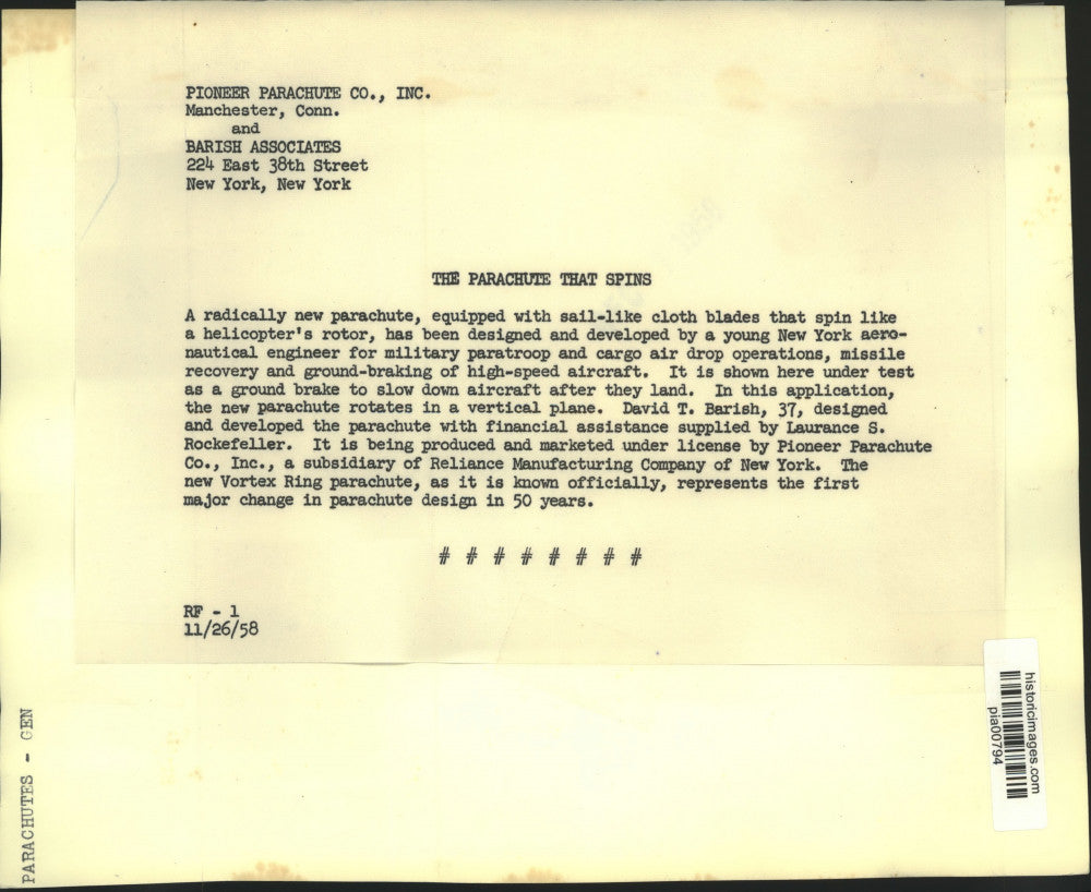 1958 Press Photo Aircraft parachute break testing by Pioneer Parachute Co., Inc.