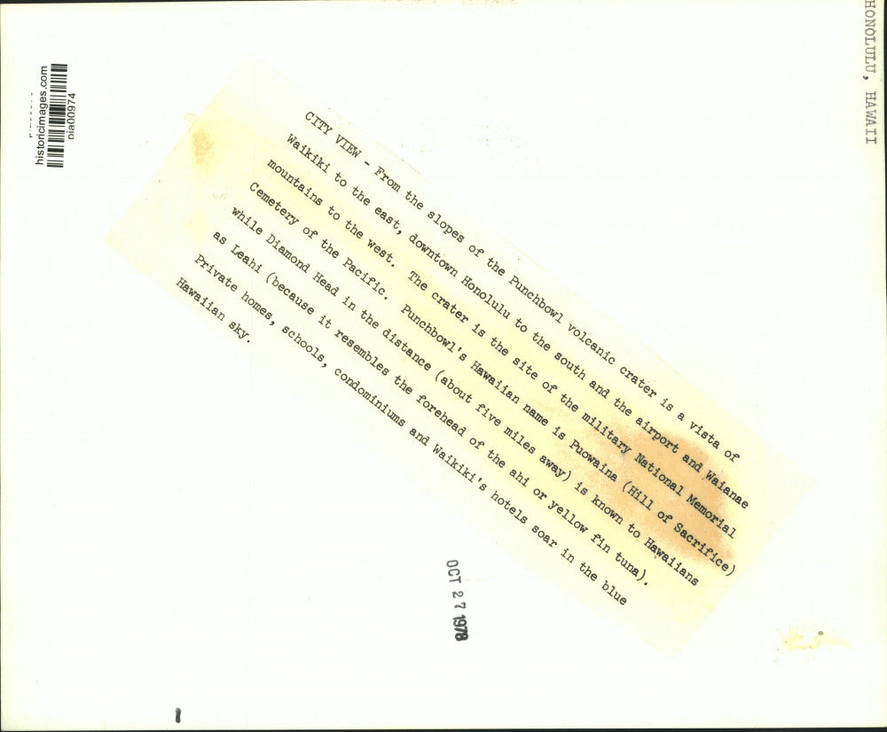 1978 Press Photo Downtown Honolulu view from Punchbowl volcanic crater, Hawaii