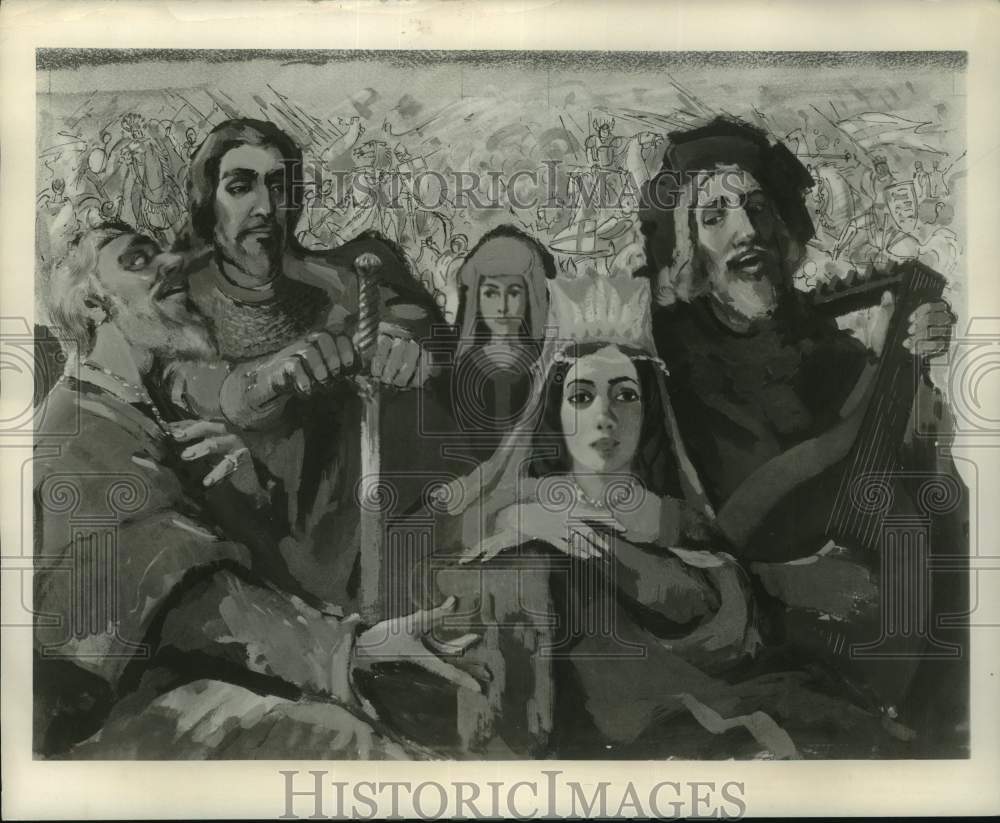 1951 Press Photo Painting of troubadours &amp; lutes from High Medieval Ages- Historic Images