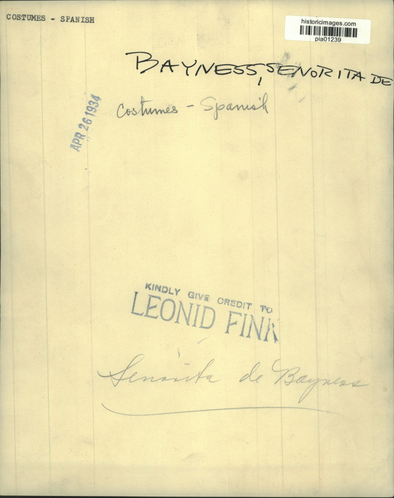 1934 Press Photo Senorita De Bayness wears Spanish costume - pia01239