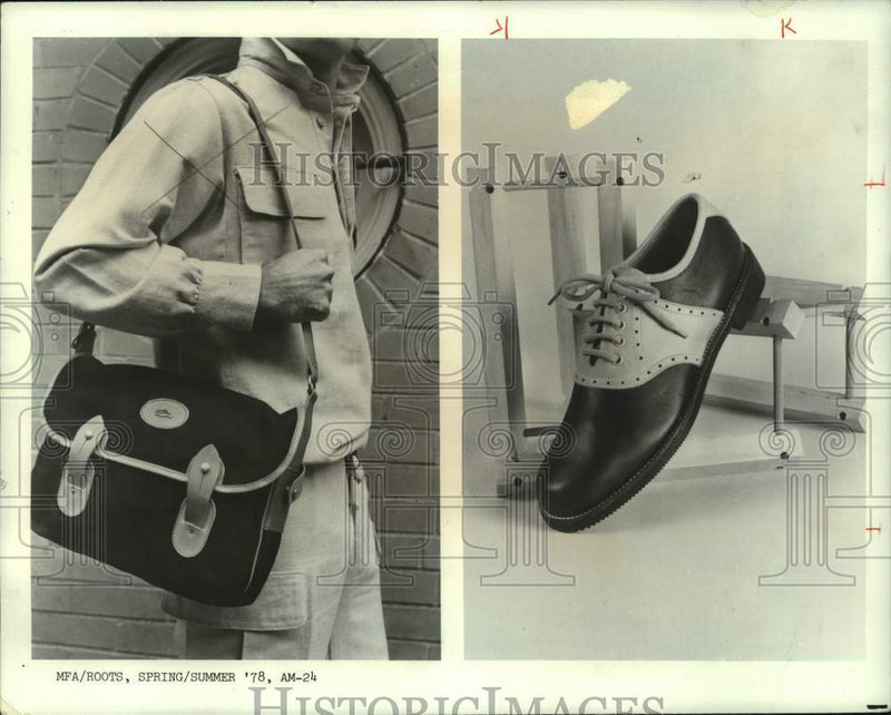 Load image into Gallery viewer, 1978 Press Photo Classic revival shoe &amp; travel shoulder bag from Roots
