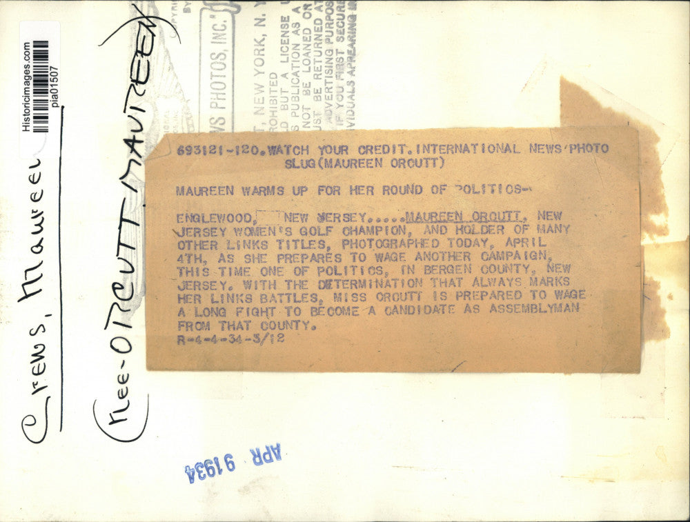 1934 Press Photo Golfer Maureen Orcutt goes for politics in Bergen County, NJ