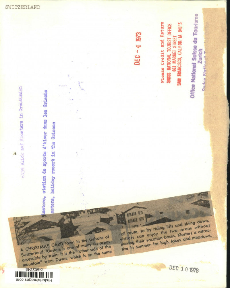 1973 Press Photo Klosters ski resort covered with snow in Grisons, Switzerland