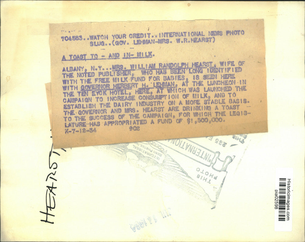 1934 Press Photo Mrs. William Hearst & Herbert Lehman at a milk fundraiser in NY