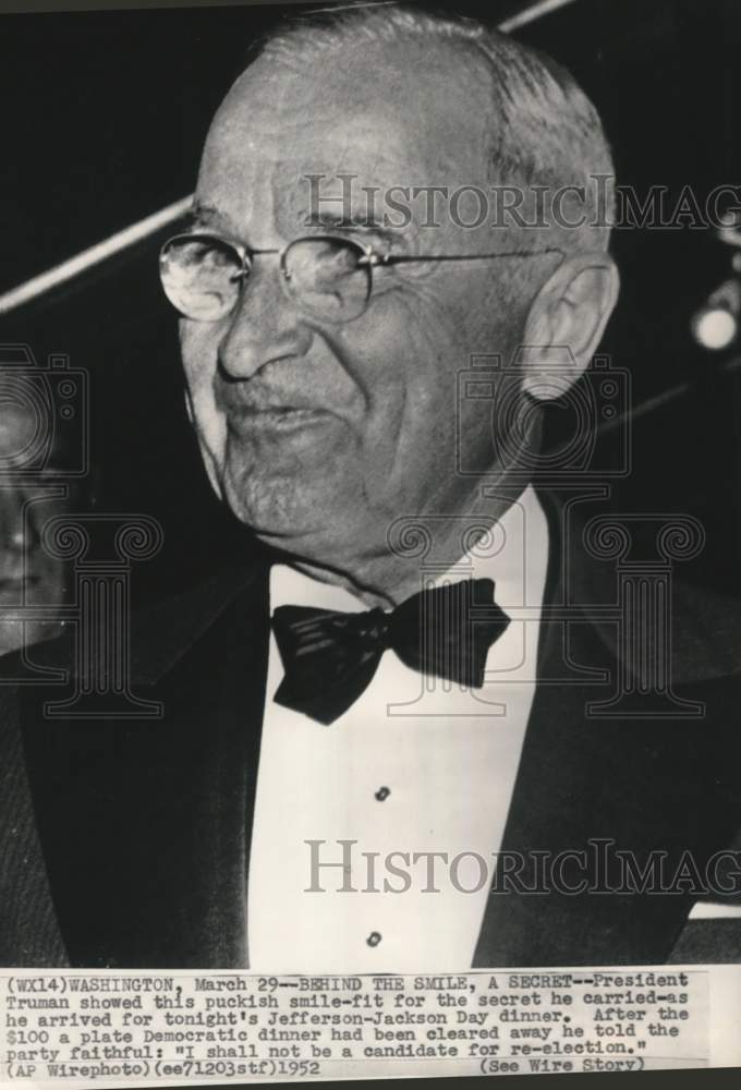 1952 Press Photo President Truman at the Jefferson-Jackson Day dinner in DC- Historic Images