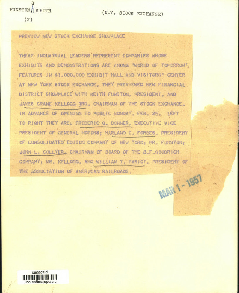 1957 Press Photo G. Keith Funston, Industrial Leaders at New York Stock Exchange