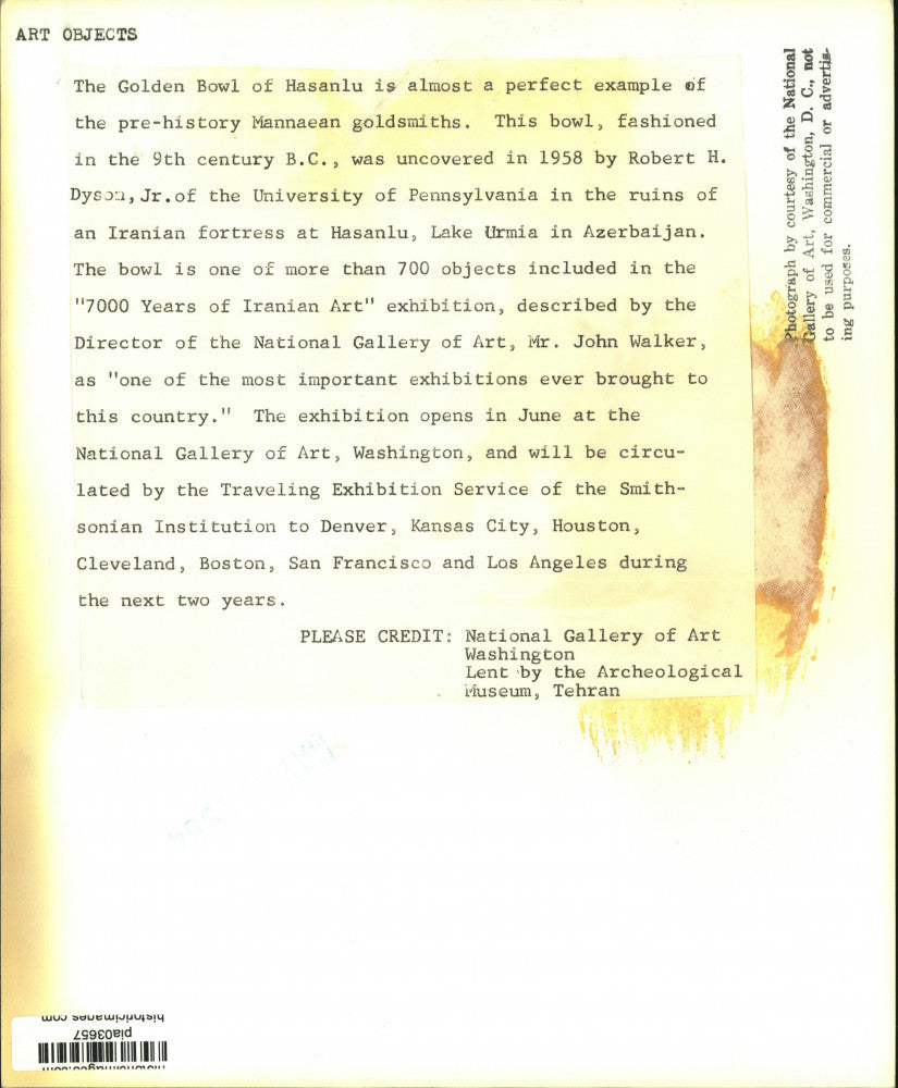 1954 Press Photo The Golden Bowl of Hasanlu Prehistoric Mannaean Art at Exhibit