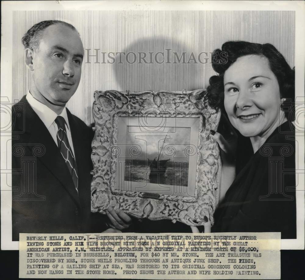 1949 Press Photo Author Irving Stone with Wife and J.M. Whistler Painting