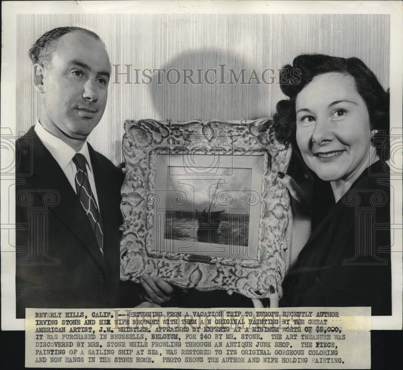 Load image into Gallery viewer, 1949 Press Photo Author Irving Stone with Wife and J.M. Whistler Painting
