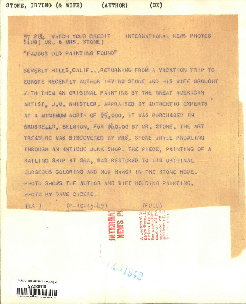 1949 Press Photo Author Irving Stone with Wife and J.M. Whistler Painting