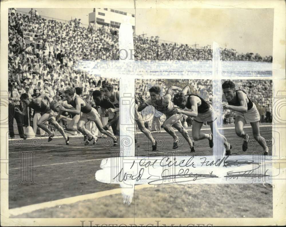 1936 Press Photo Competitors in Track Meet with Spectators- Historic Images