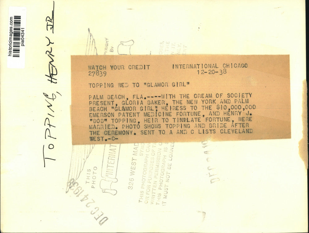 1938 Press Photo Tinplate fortune heir Henry Topping & bride Gloria Baker in NY