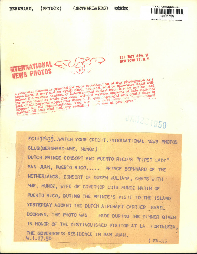 1950 Press Photo Netherlands Prince Bernhard & Mrs. Luis Munoz in Puerto Rico