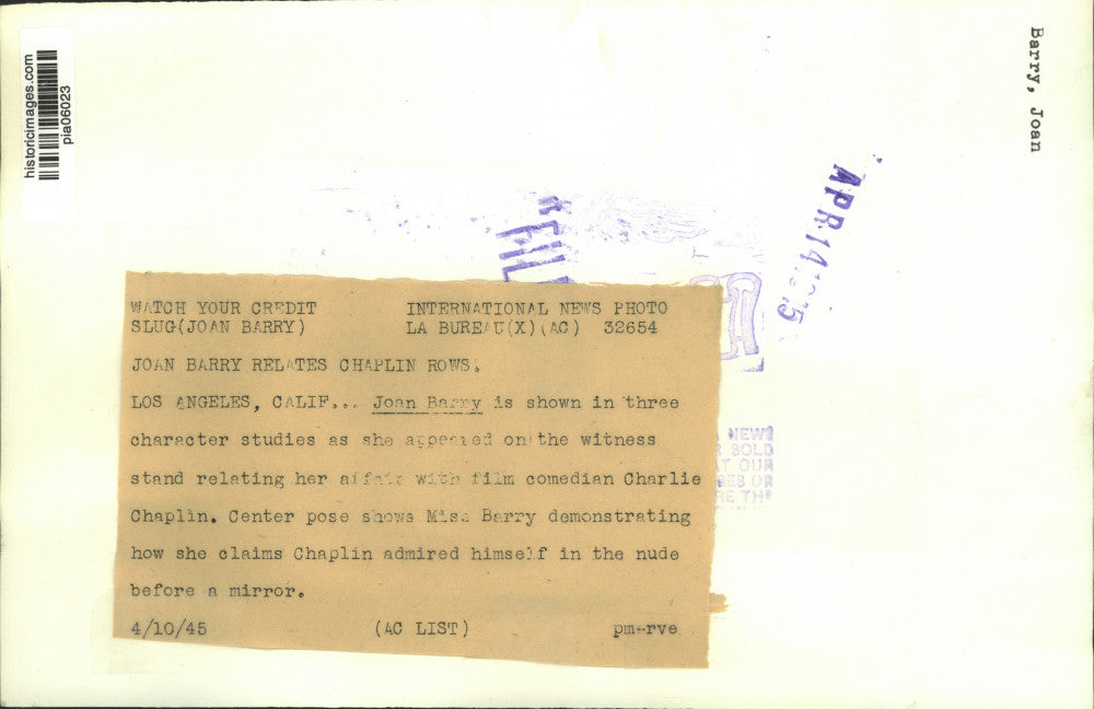 1945 Press Photo Joan Barry on witness stand during court trial in California