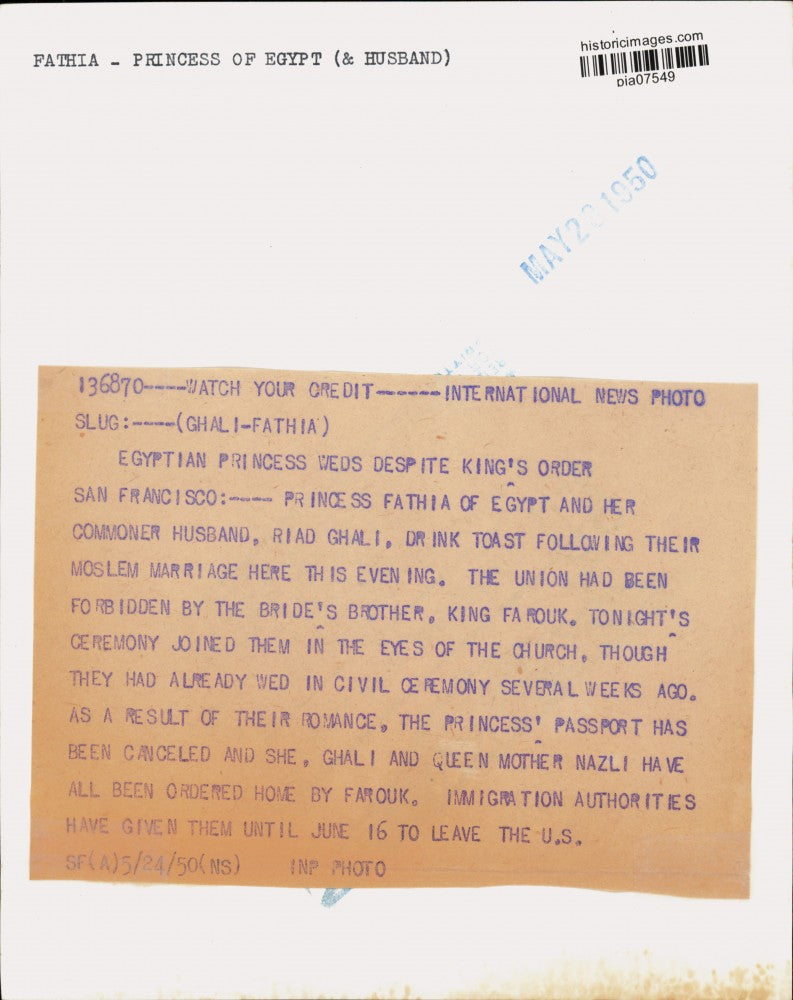 1950 Press Photo Egyptian Princess Fathia & her husband Riad Ghali, California