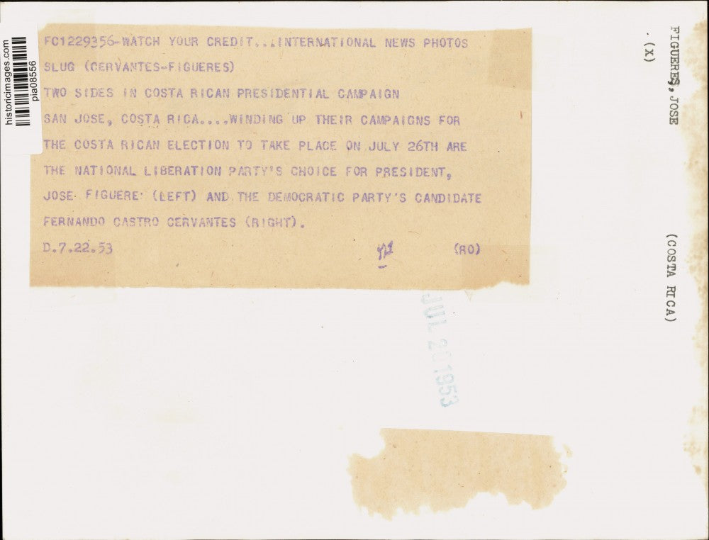 1953 Press Photo Costa Rica Politicians Jose Figueres, Fernando Castro Cervantes