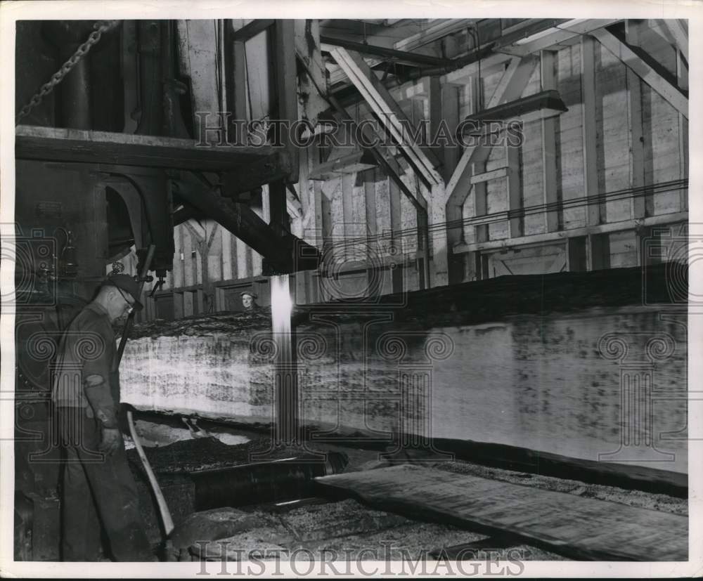 1954 Press Photo West coast sawyer opens up Douglas fir logs to check quality