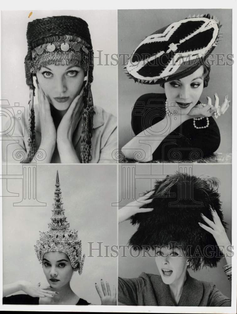 1957 Press Photo Women modeling hats from around the world in New York- Historic Images