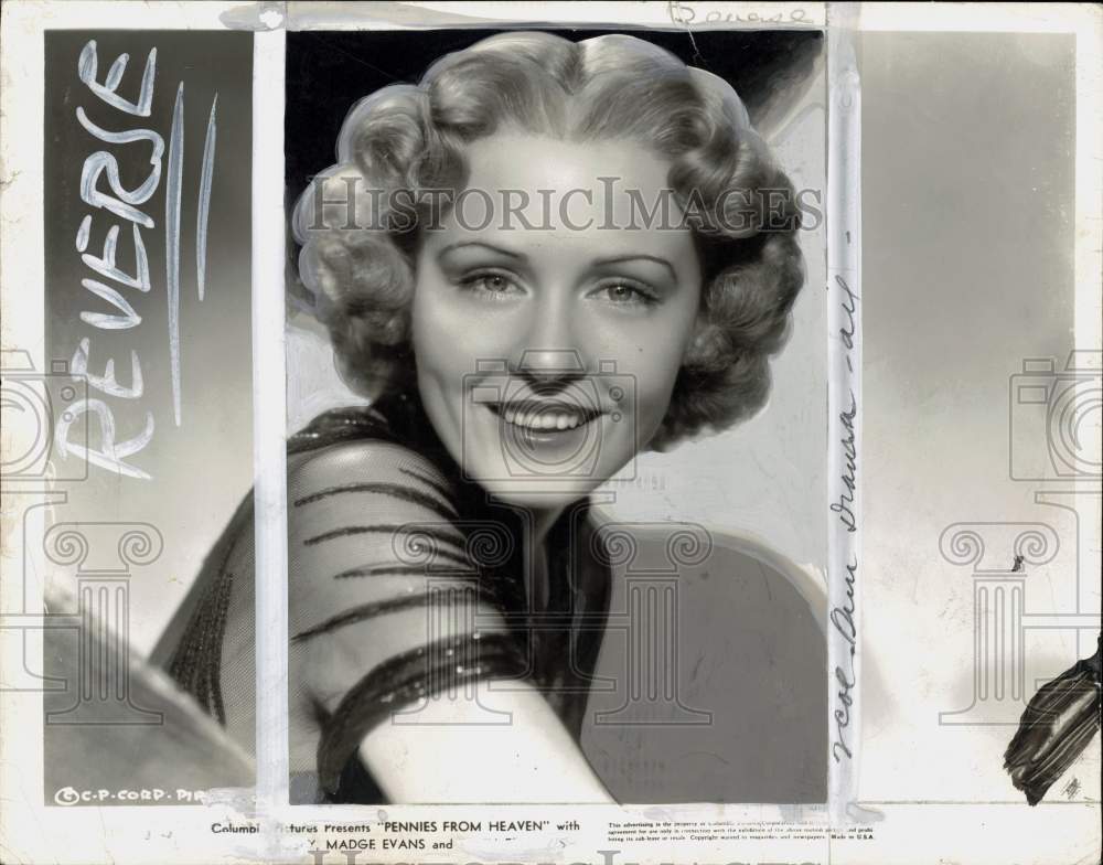 1937 Press Photo Actress Madge Evans stars in &quot;Pennies From Heaven&quot; - pia11066- Historic Images