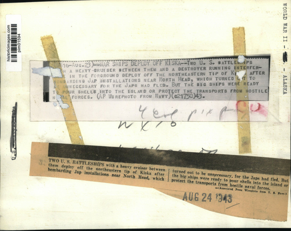 1943 Press Photo US battleships deploy off Kiska, World War II, Alaska
