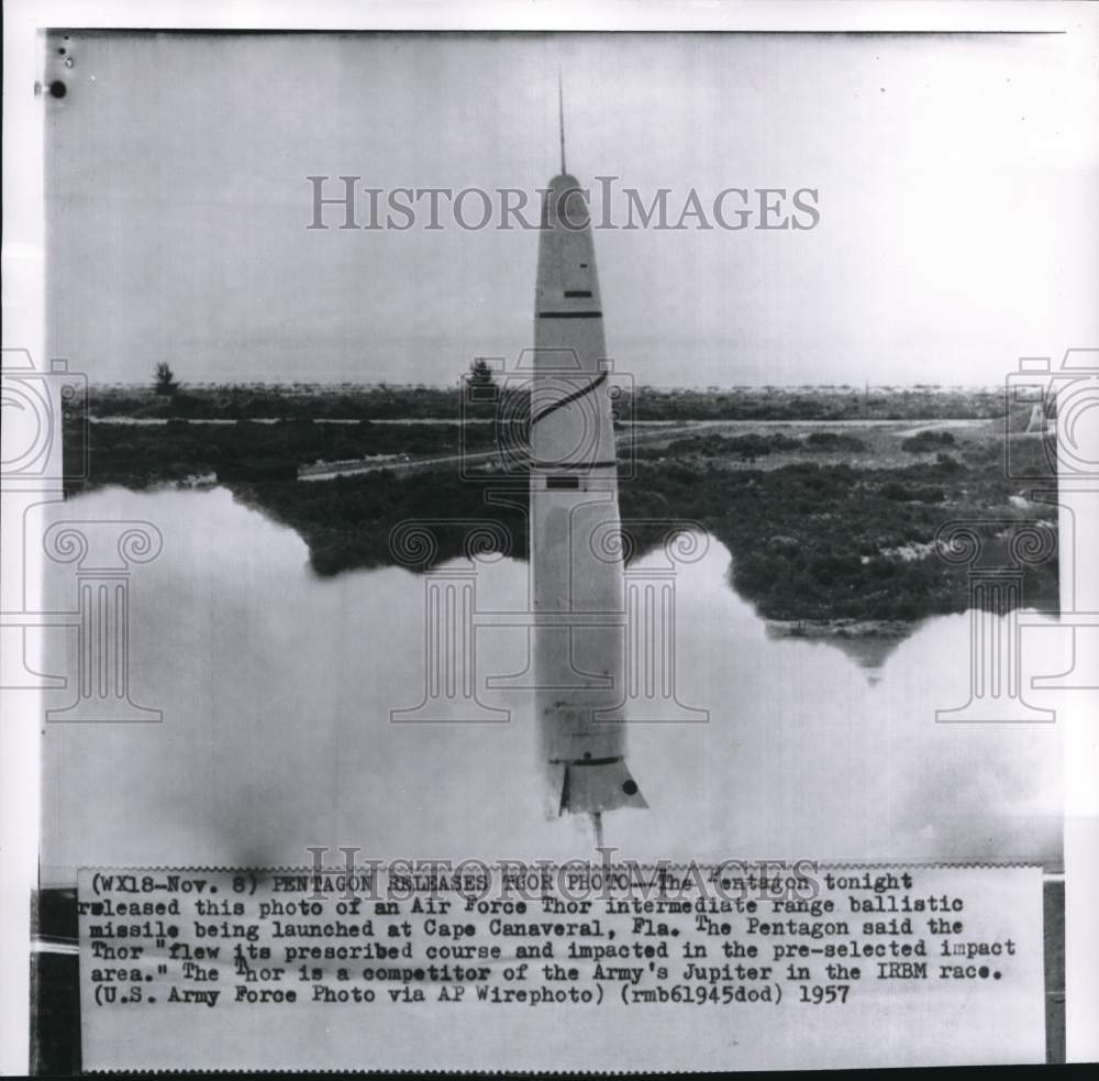 1957 Press Photo US Air Force Thor missile launch at Cape Canaveral, Flordia- Historic Images