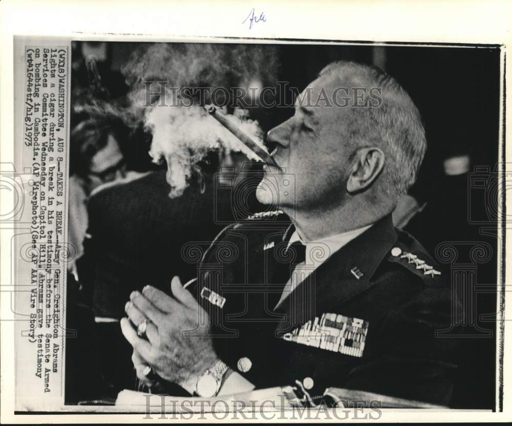 1973 Press Photo General Creighton Abrams smoking a cigar in Washington, DC- Historic Images