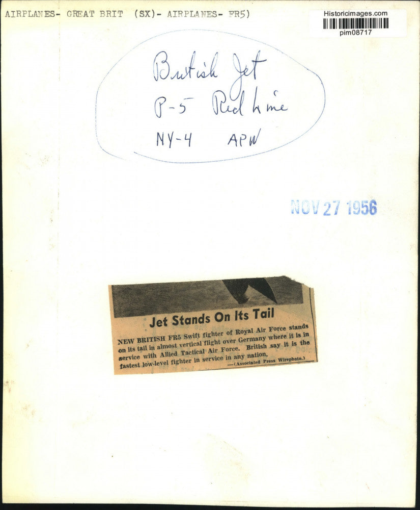 1956 Press Photo British FR5 Swift fighter jet performs maneuver over Germany