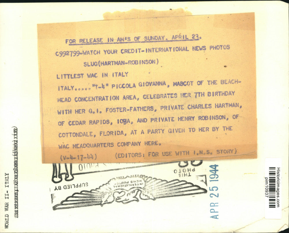 1944 Press Photo Charles Hartman, Henry Robinson & Piccola Giovanna, Italy, WWII