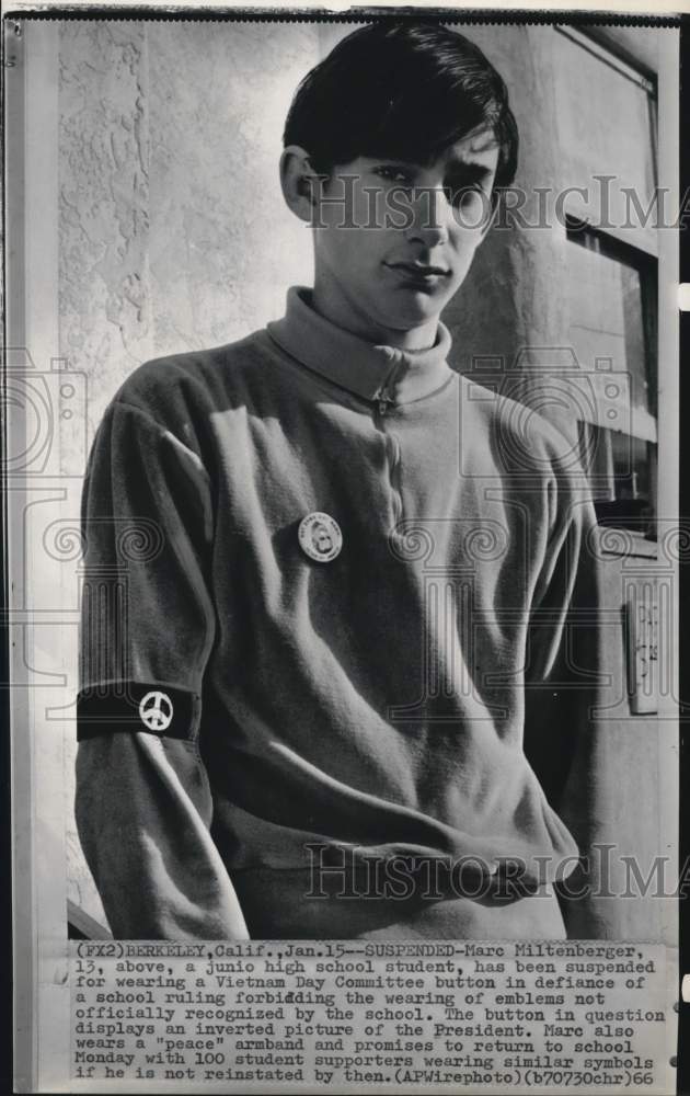 1966 Press Photo Vietnam War demonstrator Marc Miltenberger at school in CA- Historic Images