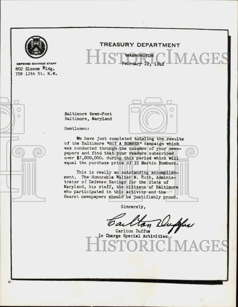 1942 Press Photo Letter to &quot;Baltimore News-Post&quot; on &quot;Bonds for Bombers&quot; Drive- Historic Images