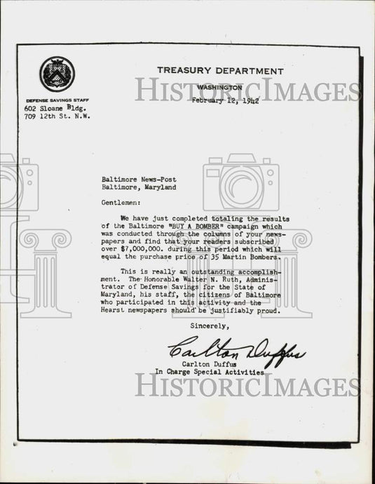 1942 Press Photo Letter to "Baltimore News-Post" on "Bonds for Bombers" Drive- Historic Images