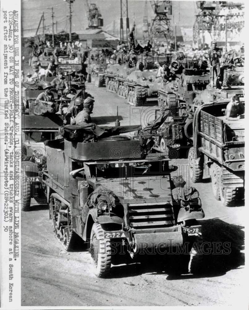 1950 Press Photo Half Tracks, Tanks Trucks from U.S. at South Korean Port- Historic Images