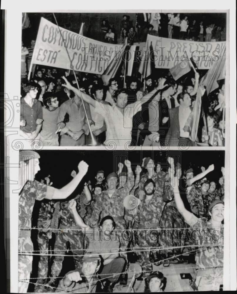 1975 Press Photo Portuguese Socialists Laud Commando Unit, Soldiers Laud Crowd