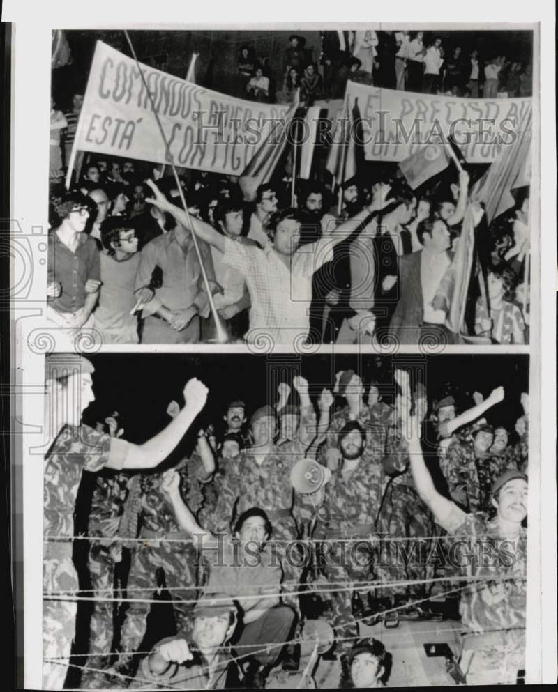 Load image into Gallery viewer, 1975 Press Photo Portuguese Socialists Laud Commando Unit, Soldiers Laud Crowd

