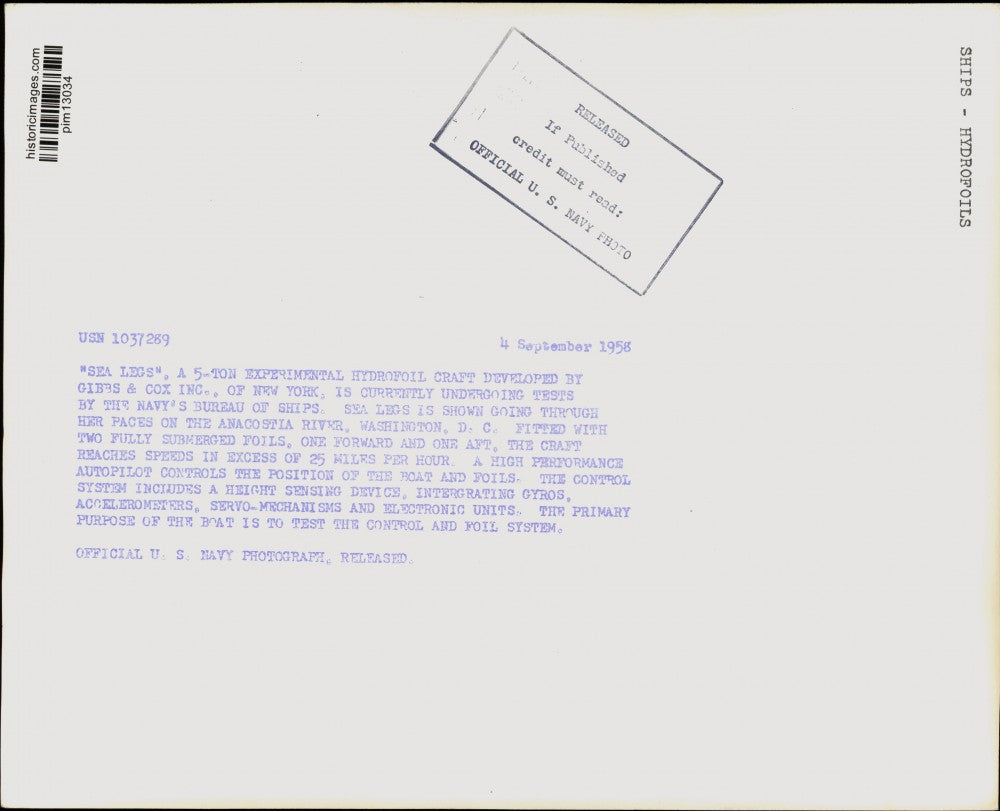1958 Press Photo Experimental Hydrofoil Sea Legs in Tests, Washington, D.C.
