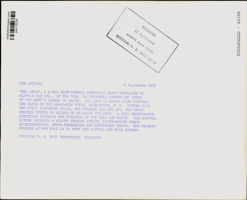 Load image into Gallery viewer, 1958 Press Photo Experimental Hydrofoil Sea Legs in Tests, Washington, D.C.
