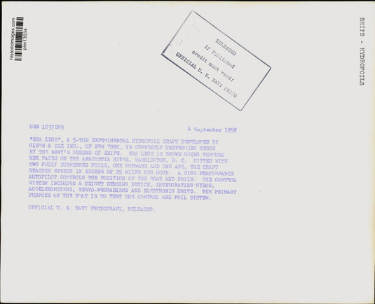 1958 Press Photo Experimental Hydrofoil Sea Legs in Tests, Washington, D.C.