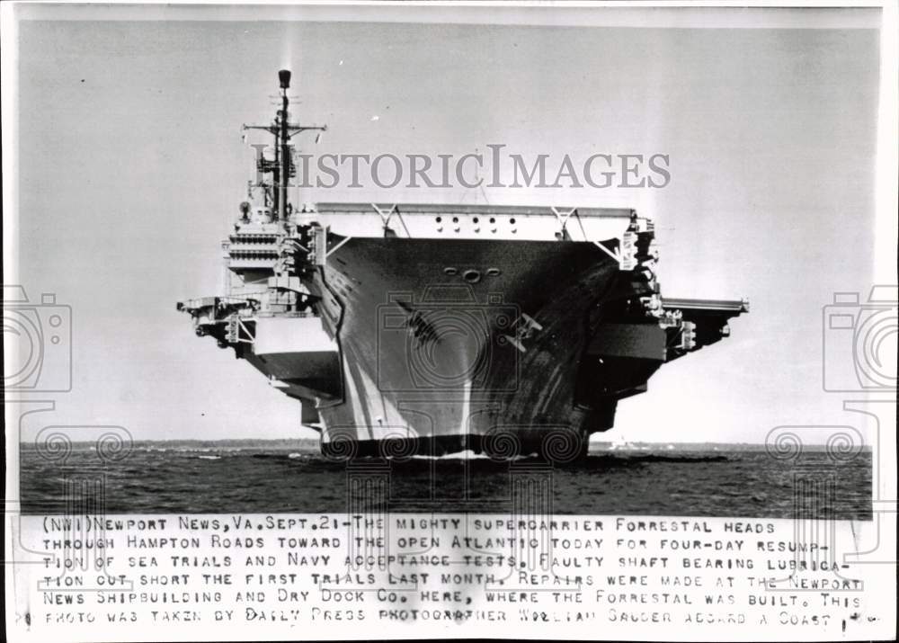 1955 Press Photo USS Forrestal Heads to Open Atlantic for Trials, Virginia