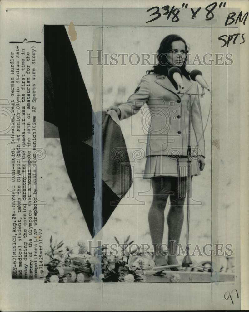 1972 Press Photo Heidi Schueller takes the Olympic oath, Munich Olympic Stadium- Historic Images