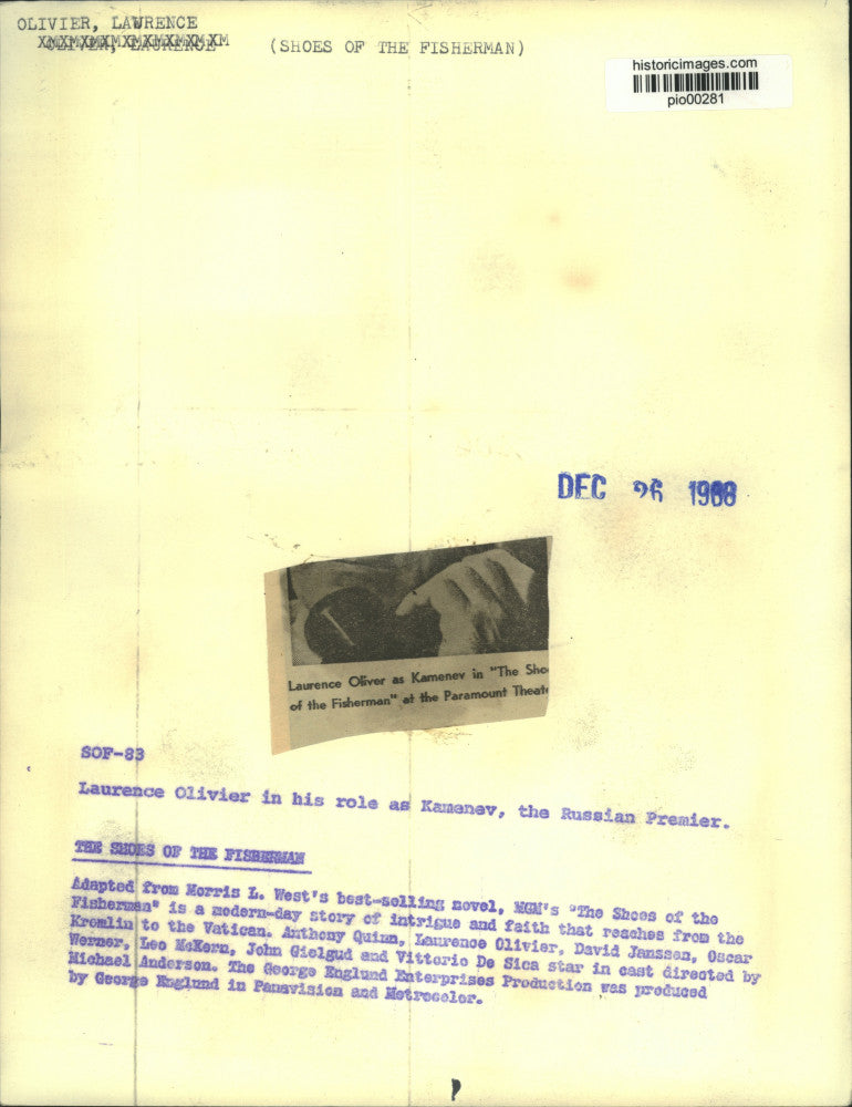 1968 Press Photo Actor Laurence Olivier in "The Shoes Of The Fisherman"