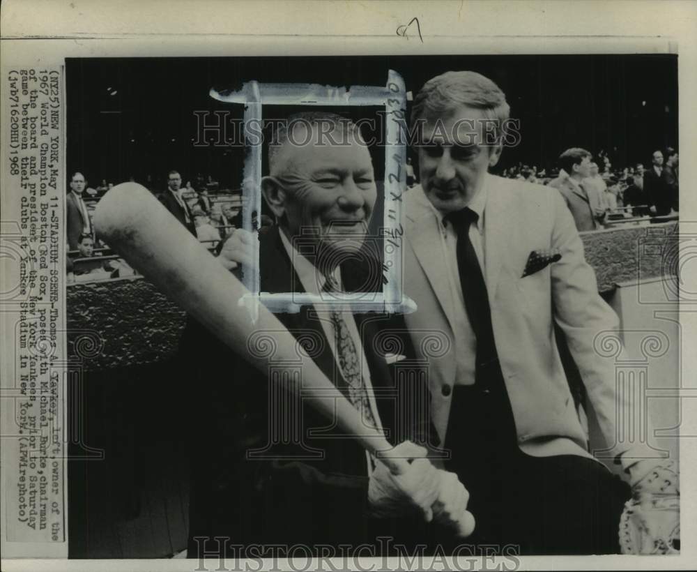 1968 Press Photo Boston&#39;s Thomas Yawkey poses with New York&#39;s Michael Burke, NY- Historic Images