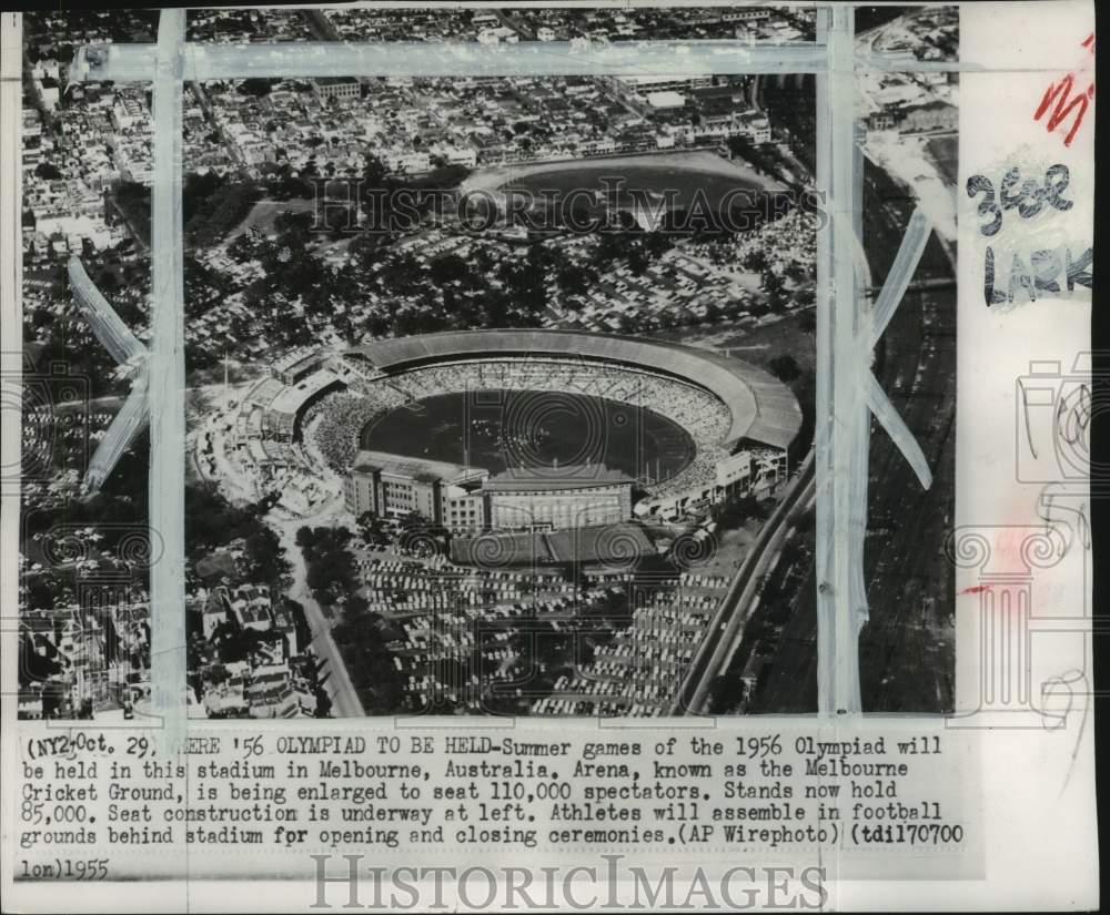 1955 Press Photo Stadium construction in Melbourne, Australia for 1956 Olympiad- Historic Images