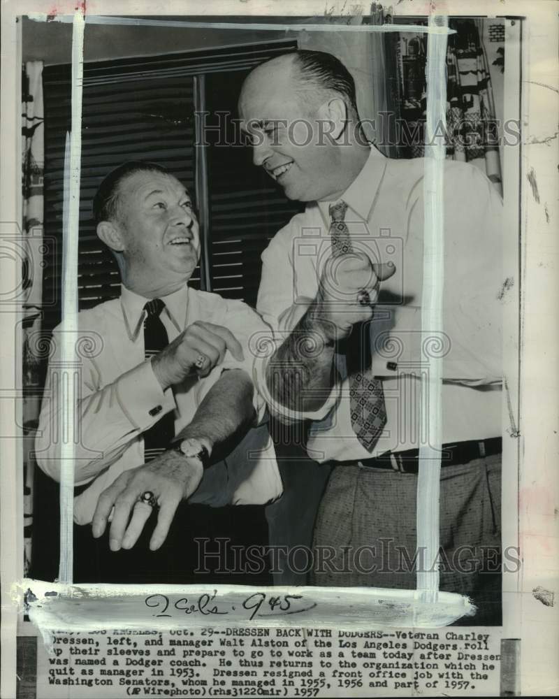 1957 Press Photo Dodger manager Walt Alston &amp; Dressen roll up their sleeves, CA- Historic Images