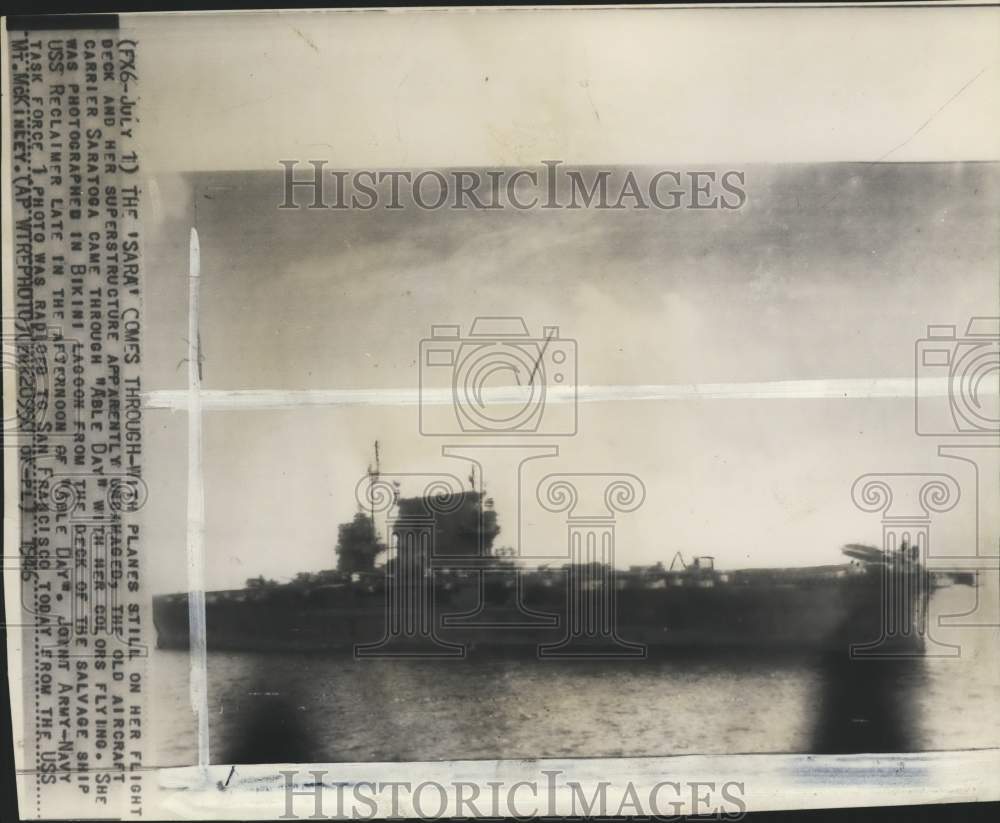 1946 Press Photo Old aircraft carrier Saratoga with planes on its deck, Bikini- Historic Images