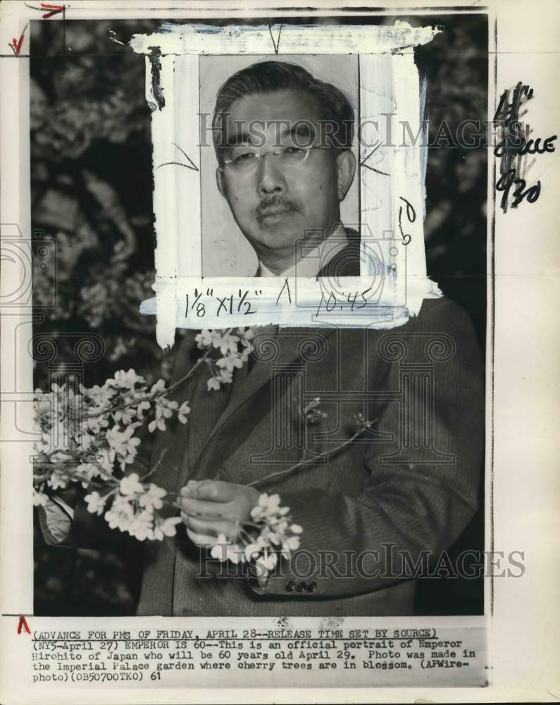 1961 Press Photo Japan's Emperor Hirohito touches blossoming cherry tree, Japan