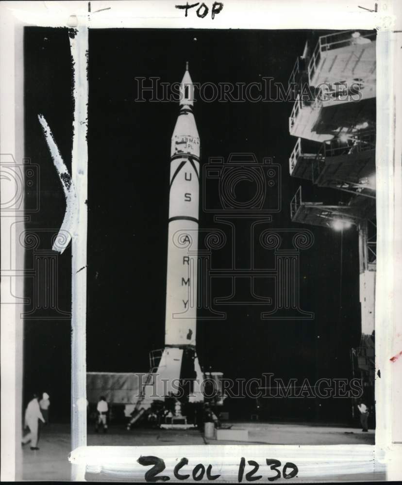 1958 Press Photo U.S. Army's Jupiter-C missile being tested, Cape Canaveral, FL- Historic Images