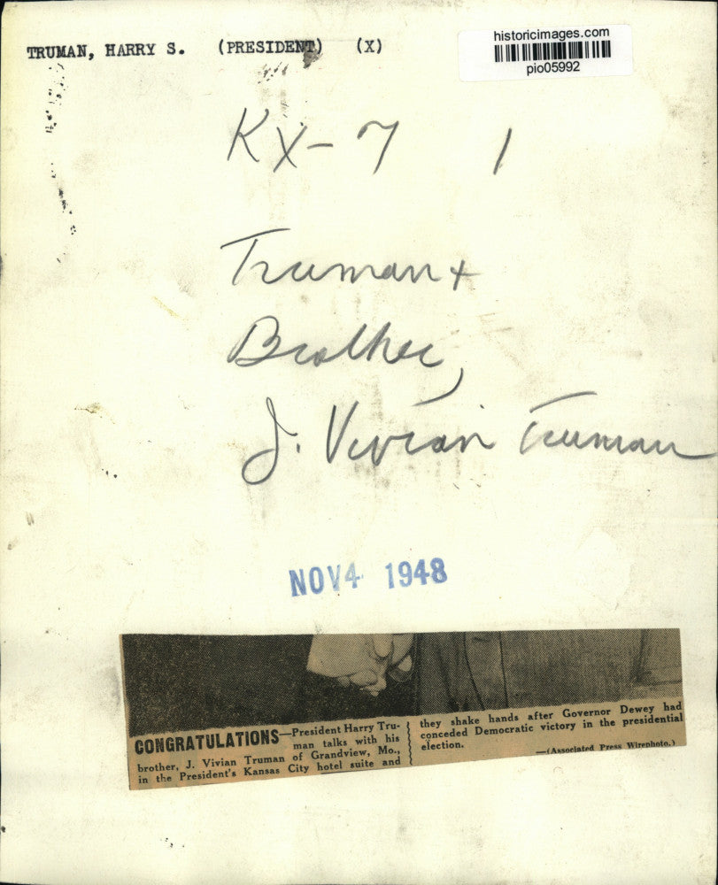 1948 Press Photo President Harry Truman & J. Vivian Truman, Kansas City