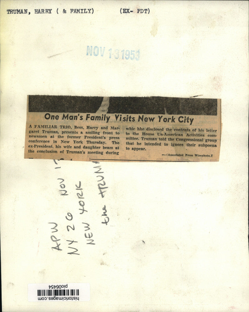 1953 Press Photo Ex-president Harry, Bess & Margaret Truman, news conference, NY