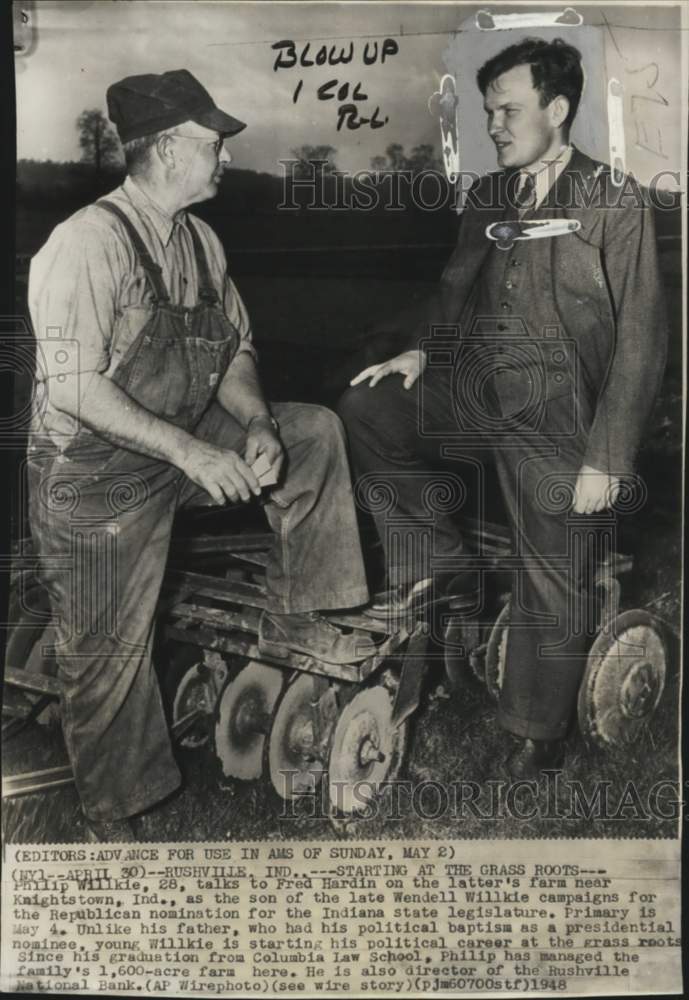 1948 Press Photo Aspiring politician Philip Wilkie &amp; farmer Fred Hardin, Indiana- Historic Images